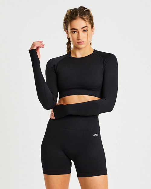 AYBL Balance V2 Seamless Long Sleeve Crop Top Svarte | YJDPVA-159