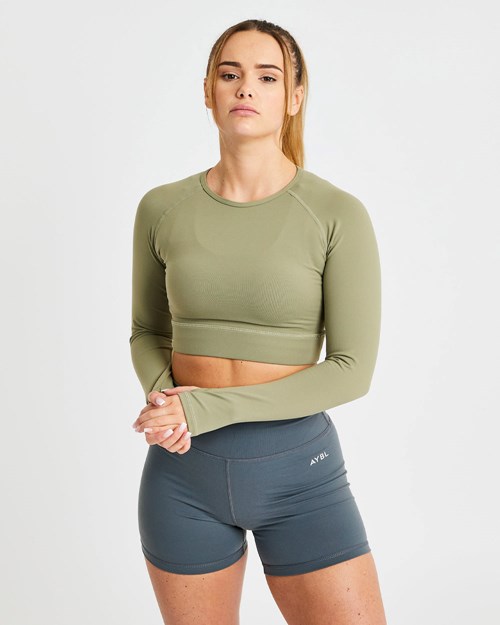 AYBL Core Long Sleeve Crop Top Olivengrønne | UBQTIC-395