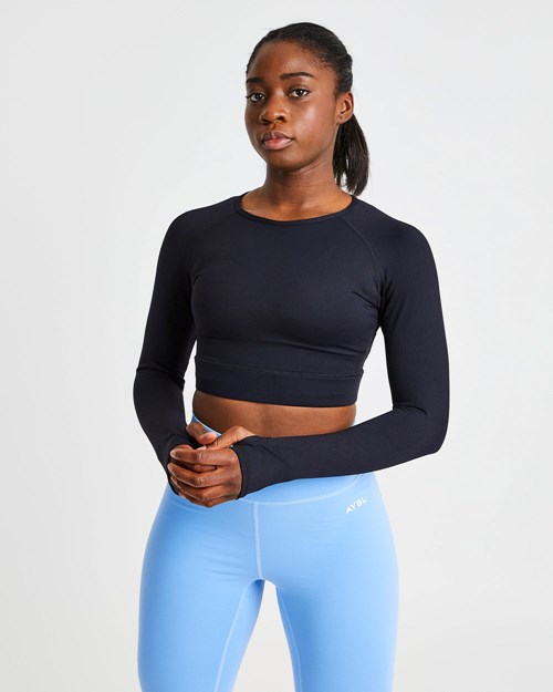 AYBL Core Long Sleeve Crop Top Svarte | MAOZVJ-692