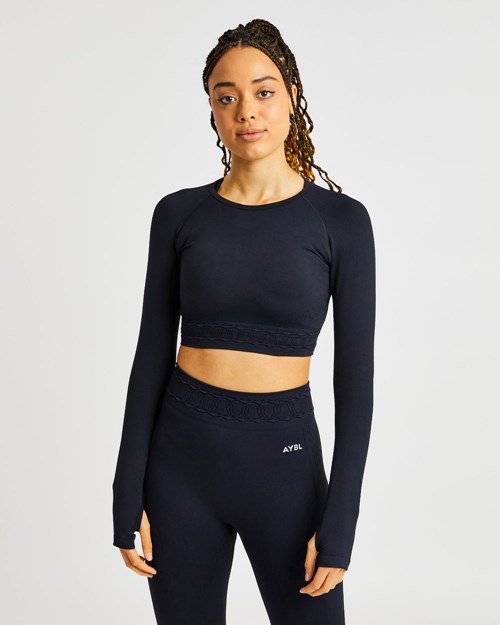 AYBL Elevate Seamless Long Sleeve Crop Top Svarte | JICLBN-857
