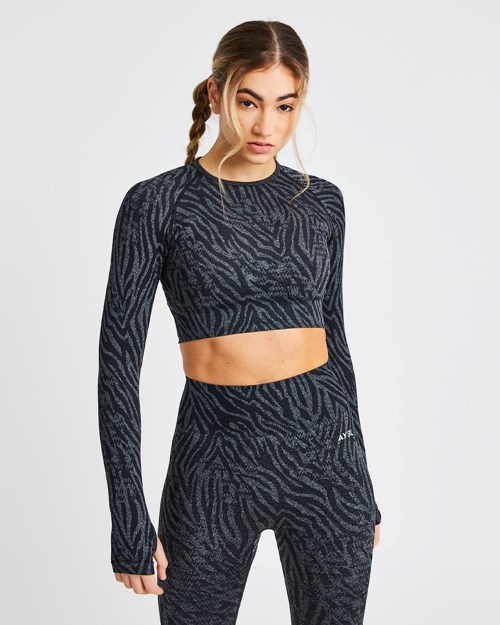 AYBL Evolve Animal Seamless Long Sleeve Crop Top Svarte | FUEWIP-879