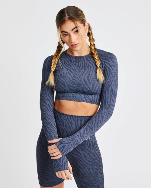AYBL Evolve Animal Seamless Long Sleeve Crop Top Blå | RQGISX-913