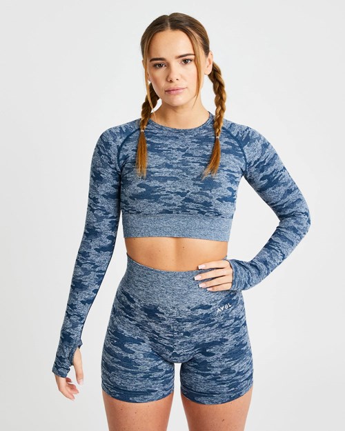 AYBL Evolve Camo Seamless Long Sleeve Crop Top Teal | HAUKZI-728