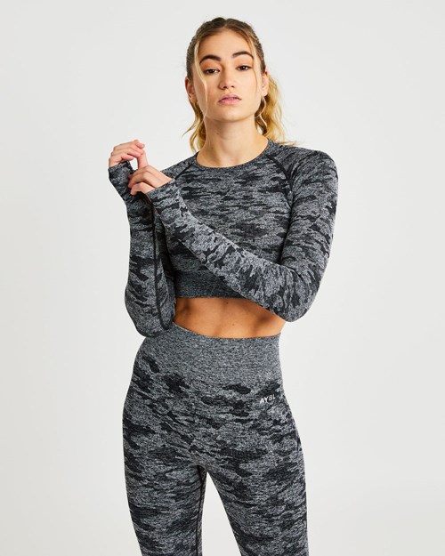 AYBL Evolve Camo Seamless Long Sleeve Crop Top Svarte | YNDSGQ-157
