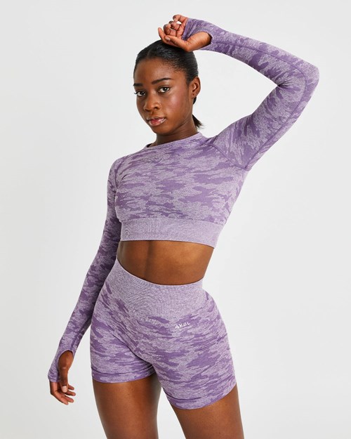 AYBL Evolve Camo Seamless Long Sleeve Crop Top Plum | ZMYIWR-076