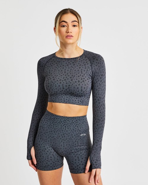 AYBL Evolve Speckle Seamless Long Sleeve Crop Top Charcoal | BASFDM-283