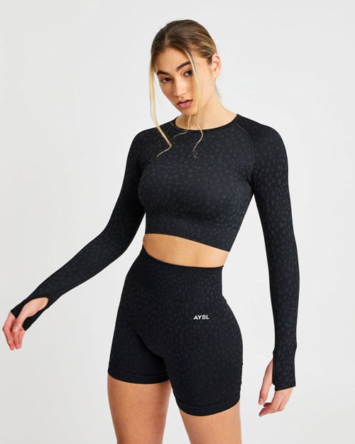 AYBL Evolve Speckle Seamless Long Sleeve Crop Top Svarte | SVFLRN-507