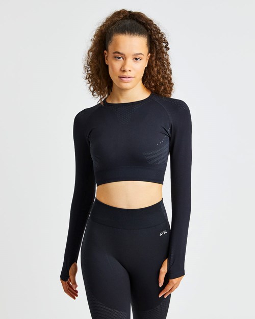AYBL Ignite Seamless Long Sleeve Crop Top Svarte | OWQLVC-092
