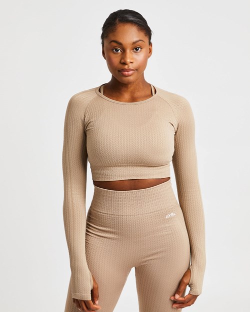 AYBL Luxe Seamless Long Sleeve Crop Top Mocha | IUAMSH-483