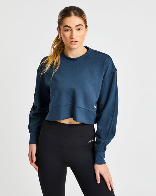 AYBL Oversized Crop Jumper Marineblå | BMJSEU-795