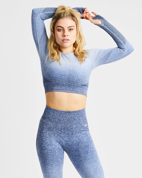 AYBL Pulse Ombré Seamless Long Sleeve Crop Top Marineblå | EUPAOW-378