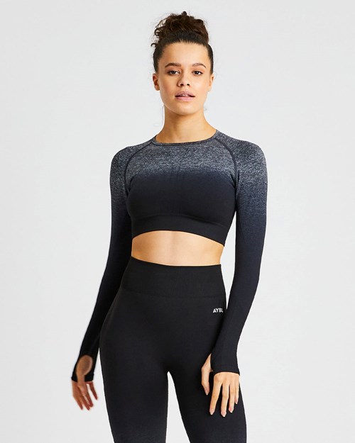 AYBL Pulse Ombré Seamless Long Sleeve Crop Top Black/Grey | LYHFEQ-607