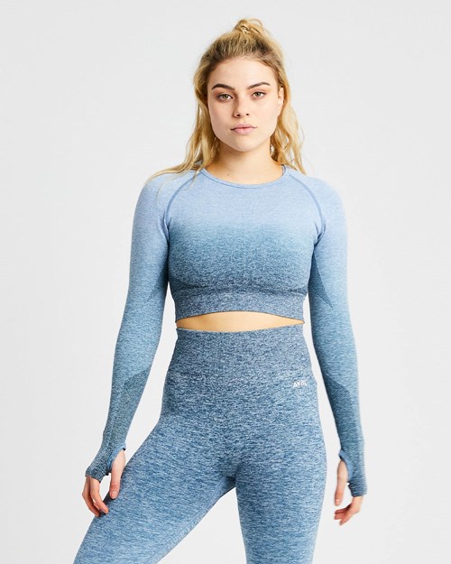AYBL Pulse Ombré Seamless Long Sleeve Crop Top Teal | TPQBWL-517