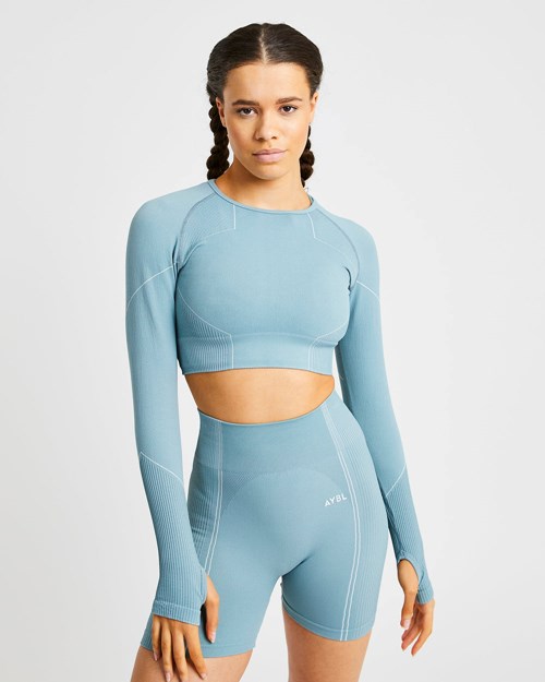 AYBL Reflex Seamless Long Sleeve Crop Top Teal | YMDXHT-596