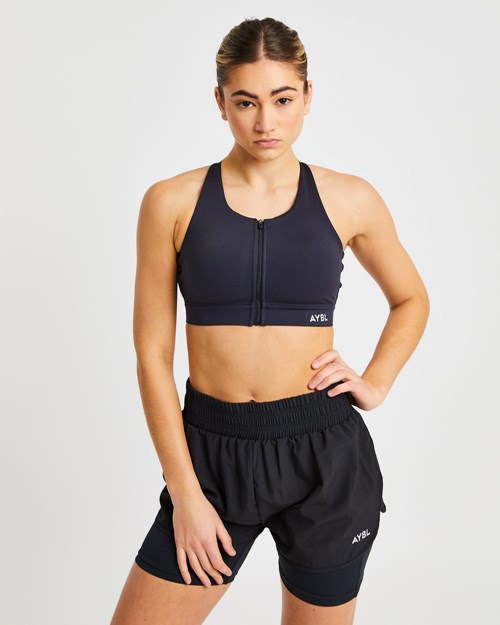 AYBL Sportive Zip Up Sports Bra Svarte | LARJTK-416